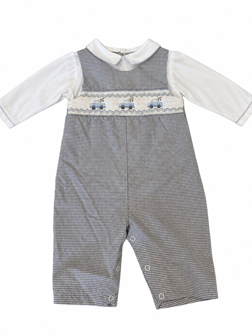 Petit Ami Gray and White Gingham Smocked Romper with Embroidered Trucks